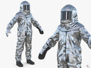 firefighter wearing aluminized chemical protective suit 01